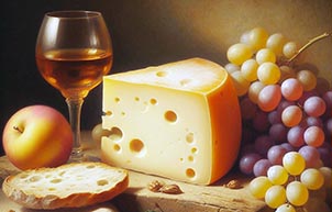 Copa de vino, manzana, queso, pan y uvas